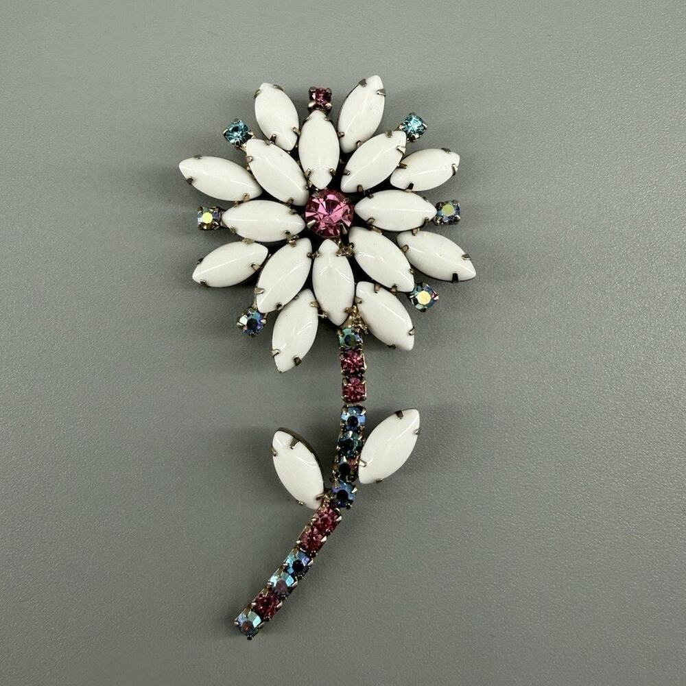 Vintage White Milk Glass Rhinestone Flower Brooch Pink AB Blue Floral Stem Pin